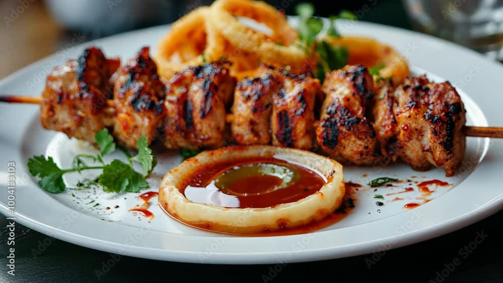 A close-up of a grilled chicken kebab, with onion rings and a side of sauce, ready to be enjoyed at a restaurant A close-up of a grilled chicken kebab, with onion rings and a side of sauce, ready to be enjoyed at a restaurant