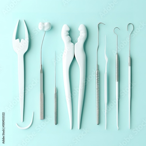 A collection of dental instruments are displayed on a blue background photo