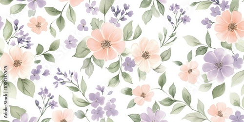 A floral pattern featuring soft pastel flowers and greenery on a white background.