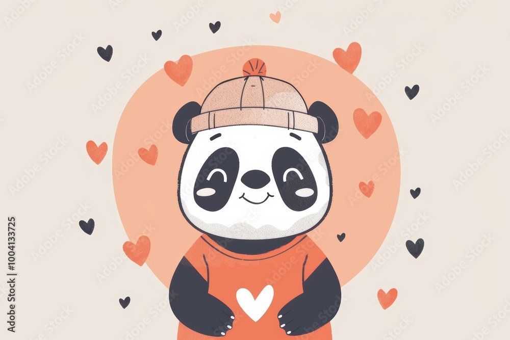 Adorable panda in beanie surrounded by hearts Adorable panda in beanie surrounded by hearts