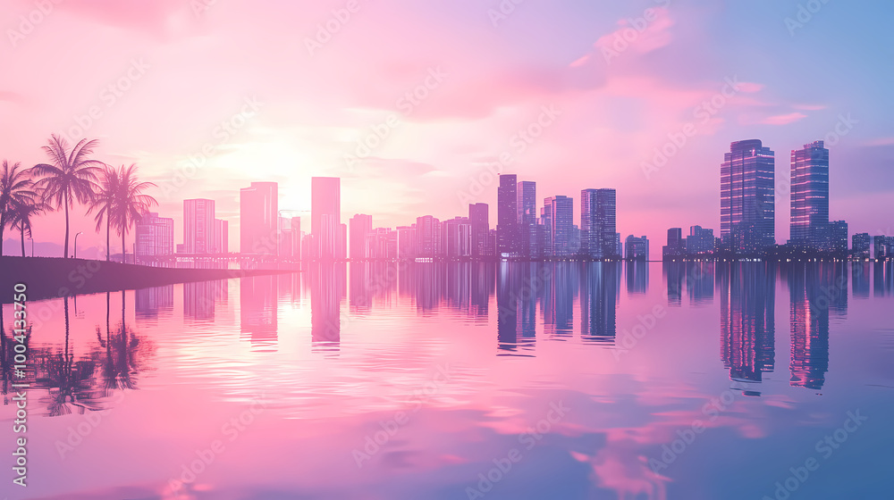 Generative AI, City Reflection on a Calm Ocean under a Neon-Infused Twilight Sky Generative AI, City Reflection on a Calm Ocean under a Neon-Infused Twilight Sky