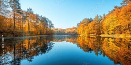 A serene autumn landscape with golden trees reflecting on a calm lake under a clear blue sky.