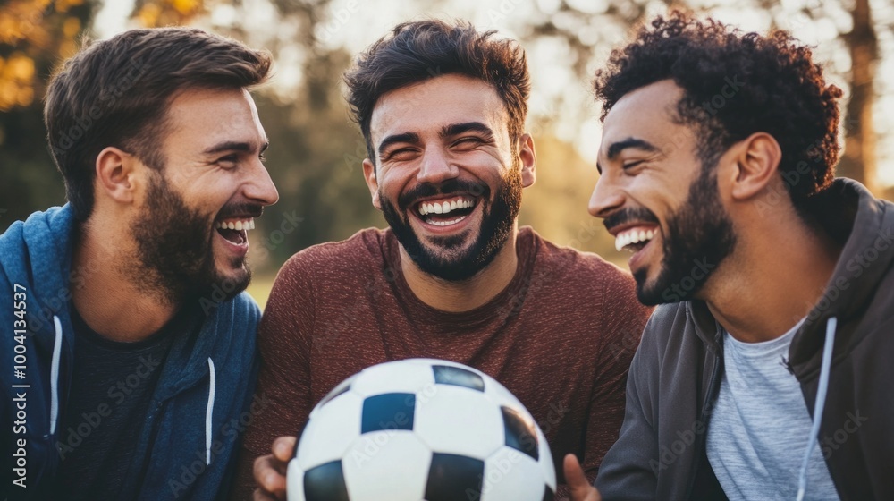 Three men are laughing and holding a soccer ball Three men are laughing and holding a soccer ball
