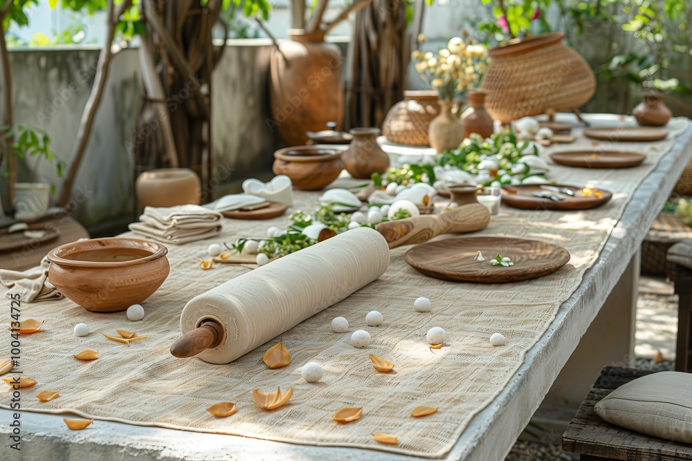A table with a wooden rolling pin and a bunch of white eggs on it A table with a wooden rolling pin and a bunch of white eggs on it