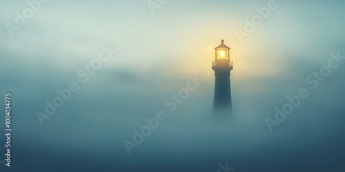 A serene lighthouse shines brightly through the fog, symbolizing guidance and hope amidst a tranquil seascape.