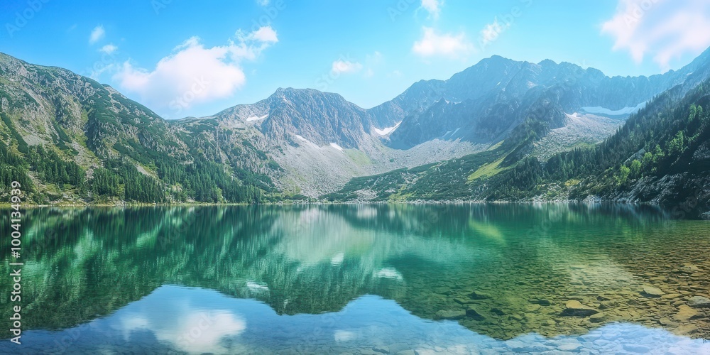 Naklejka premium A serene mountain landscape reflecting on a calm lake under a clear blue sky, perfect for nature lovers and travel enthusiasts.