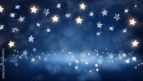 Christmas Background: A deep midnight blue background with glowing silver stars and soft white twinkling lights.