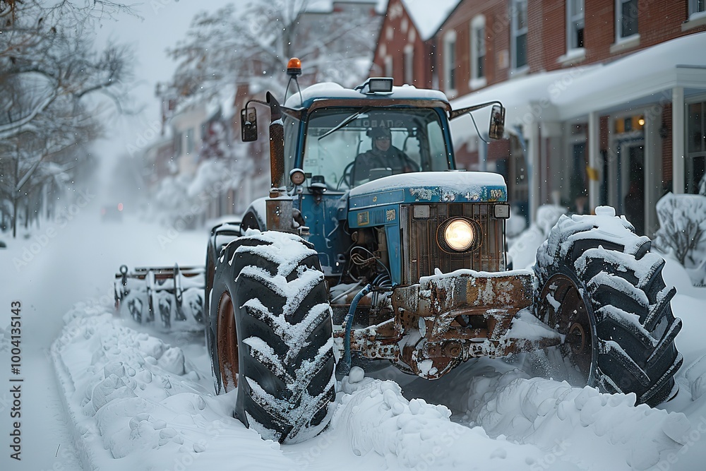 A tractor is plowing snow on a street A tractor is plowing snow on a street