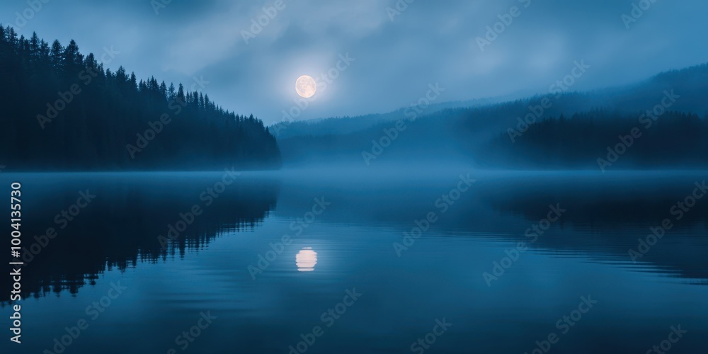 A serene twilight scene over a misty lake, reflecting a glowing moon surrounded by dark forests.