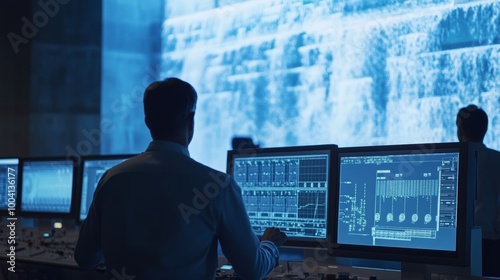 Man working on computers in a control room.