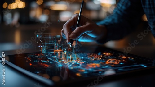 Futuristic Digital Artist Workspace with AI Assistant and Holographic Display