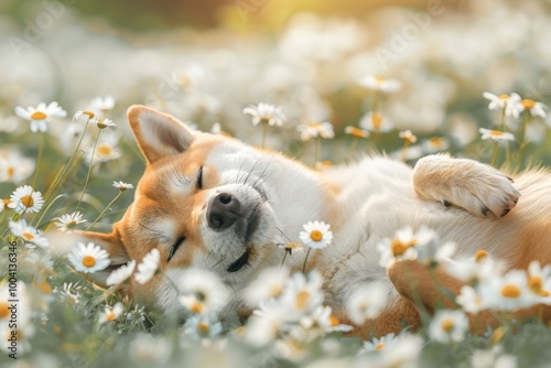 A Shiba Inu peacefully sleeping among blooming daisies in a sunlit meadow during a warm spring afternoon
