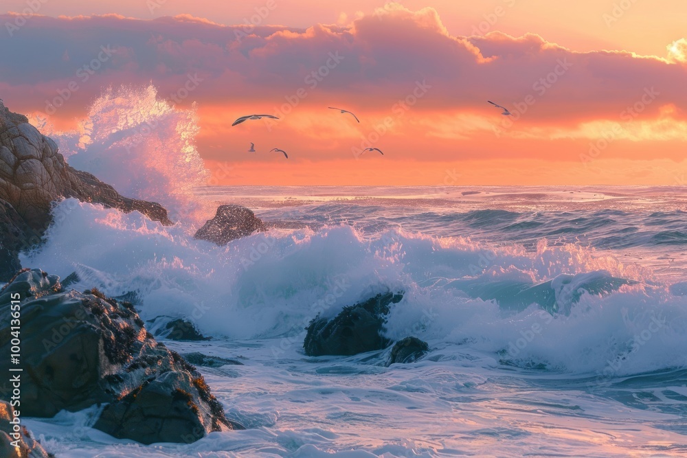 Fototapeta premium Waves crashing at sunset