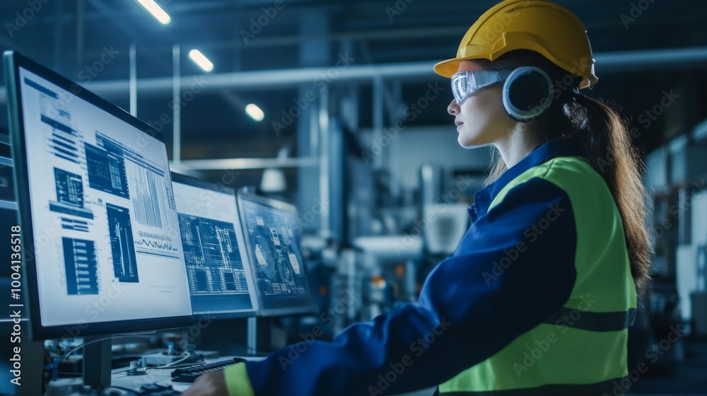 Female engineer working on a computer in a factory.