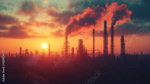 Industrial oil refinery silhouette against a stunning sunset with smoke rising from chimneys, representing air pollution, environmental impact, energy industry, global warming, fossil fuel, climate