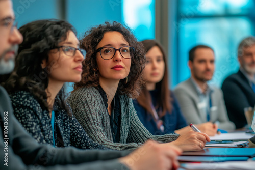 A group of attentive professionals, including a woman in glasses, listening and taking notes during a business meeting in a modern office.