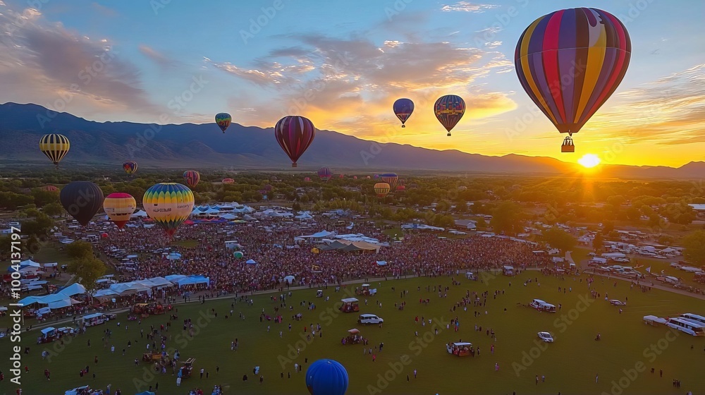 Naklejka premium Hot Air Balloon Festival at Sunset with Large Crowd