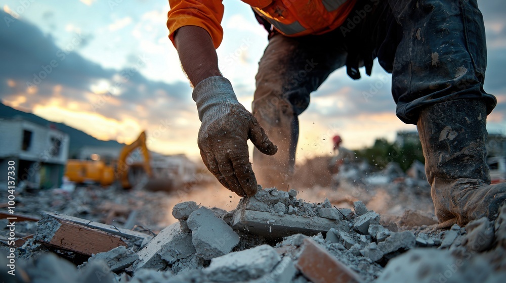 Fototapeta premium Determined Rescue Worker Lifting Concrete Slab in Earthquake Aftermath