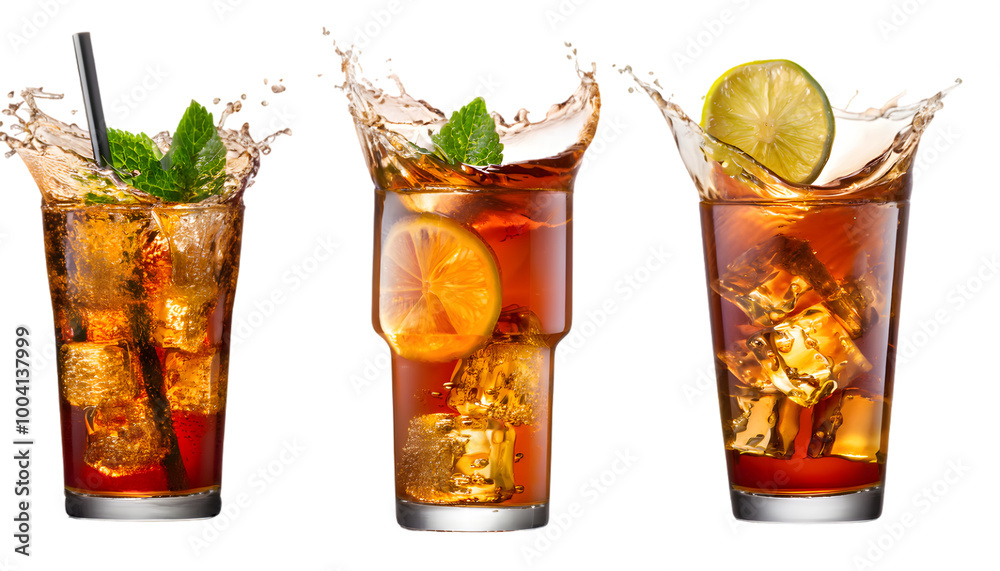 set of splashing Long Island iced tea isolated on white background set of splashing Long Island iced tea isolated on white background