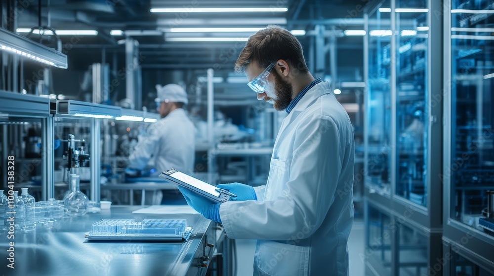 Scientist Checking Production Data on Tablet in Factory. Scientist Checking Production Data on Tablet in Factory.