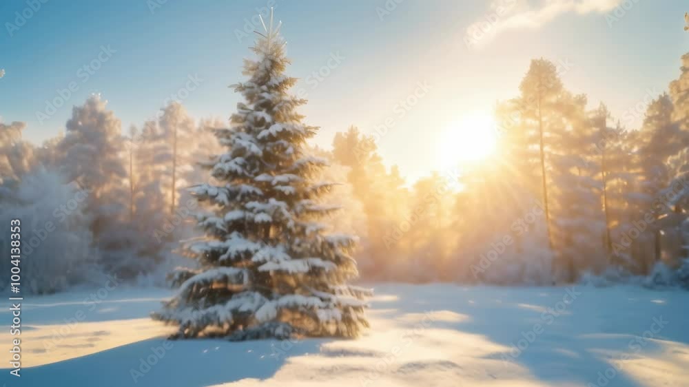 Sunlit snowy pine tree in a tranquil winter forest, perfect for christmas and new year celebrations Sunlit snowy pine tree in a tranquil winter forest, perfect for christmas and new year celebrations