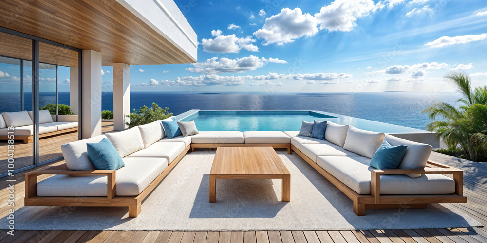 Create an empty modern outdoor lounge with light grey and white wood walls, blue accent pillows on sofa, large window overlooking the ocean, stone wall accents, and white concrete flooring Create an empty modern outdoor lounge with light grey and white wood walls, blue accent pillows on sofa, large window overlooking the ocean, stone wall accents, and white concrete flooring
