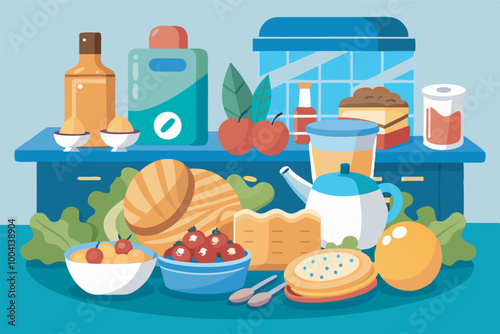 Kitchen counter filled with food items and kitchenware: fruits, sandwich, cake, mug, bottles, glasses, kettle, teapot, cutlery, vegetables, bags.