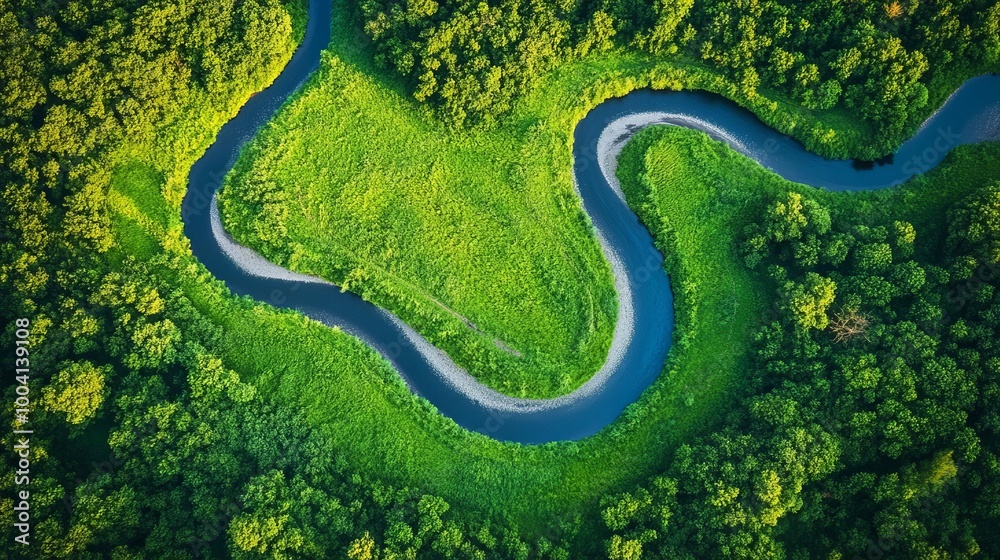 Aerial View of a Winding River Through Lush Green Forest Aerial View of a Winding River Through Lush Green Forest