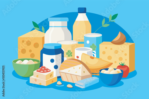 Assorted dairy products, fruits, and bread on a blue background. Milk, cheese, eggs, and yogurt with fruits, bread, tofu, and crackers in a random layout.