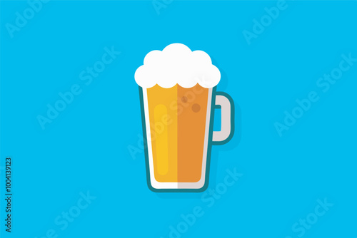 beer mug icon with yellow beer, white foam, transparent mug, handle on right, shadow below. Background transitions from light blue to turquoise, emphasizing the mug.