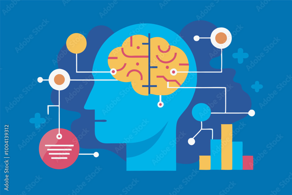 Illustrated head with stylized brain connected to data symbols, circled with dots, surrounded by colored bar charts on dark background. Illustrated head with stylized brain connected to data symbols, circled with dots, surrounded by colored bar charts on dark background.