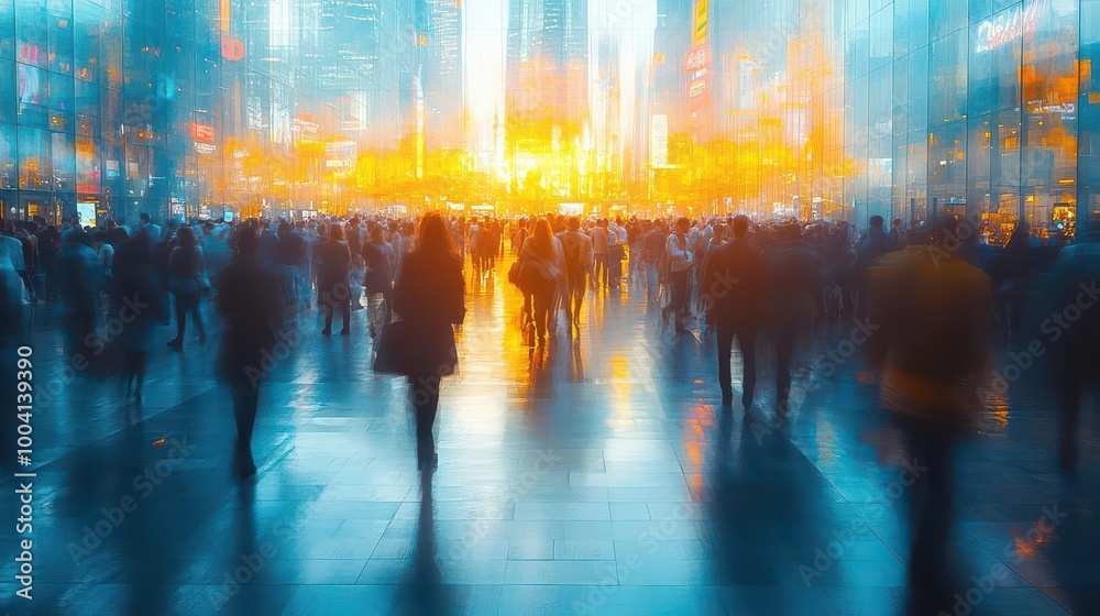 Obraz premium convention scene showcasing an expo hall filled with blurred attendees emphasizing the vibrant energy and networking possibilities within a corporate marketing event