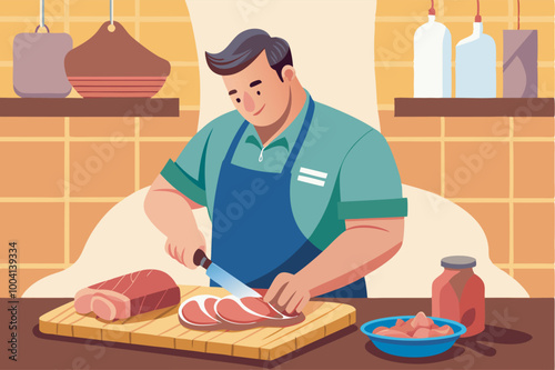 A man in a blue apron and green shirt is cutting raw meat in a clean, well-maintained kitchen. Warm, natural aesthetics with green and brown tones, kitchen items on a yellow wall.