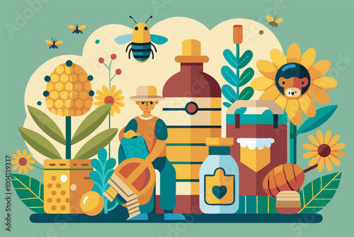 A happy beekeeper surrounded by beekeeping items, bees, honey jars, honeycombs, and fresh fruits in a serene environment with sunflowers and a beehive.