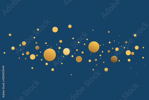 A deep blue background with gold circles of varying sizes creates a floating particle effect.