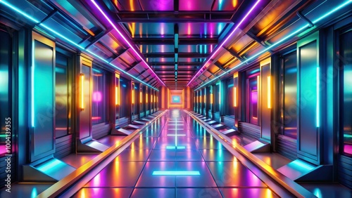 Futuristic Corridor with Vibrant Colors and Abstract Geometric Shapes for Modern Interior Design and Technology Concepts