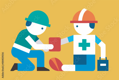 Two builders in safety gear at a construction site, one placing a red brick. Playful or educational vibe with toy tools and helmets. Bright, colorful setting with mustard backdrop.