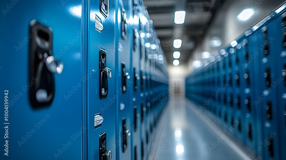 Rows of travel lockers at an airport, brightly lit and well-organized for travelers