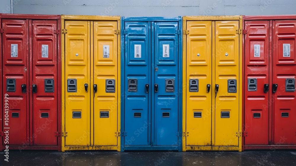 Rows of travel lockers at an airport, brightly lit and well-organized for travelers Rows of travel lockers at an airport, brightly lit and well-organized for travelers