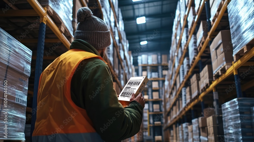 Worker in a warehouse scanning items on a tablet amidst stacked boxes. Worker in a warehouse scanning items on a tablet amidst stacked boxes.