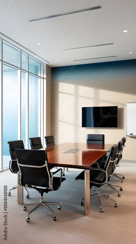 A vacant conference room featuring a large screen and chairs, ready for a meeting. A vacant conference room featuring a large screen and chairs, ready for a meeting.