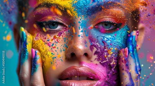 A close-up of a model's face adorned with vibrant colors during a creative art session in a studio setting