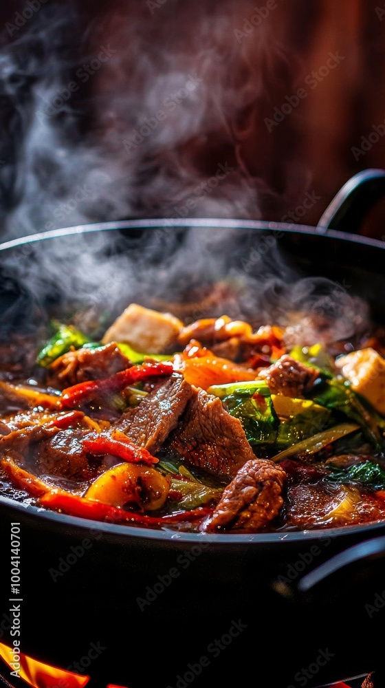 Close-up of a Bubbling Chinese Hot Pot with a Variety of Vegetables, Beef, and Tofu