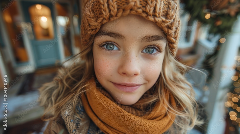 A cheerful child with bright blue eyes enjoys winter bliss while bundled up warmly in a cozy hat and scarf. Generative AI