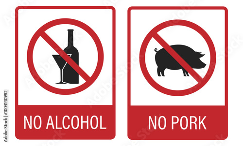 Bundle set isolated halal sign, no pork and no alcohol, healthy food and beverage label