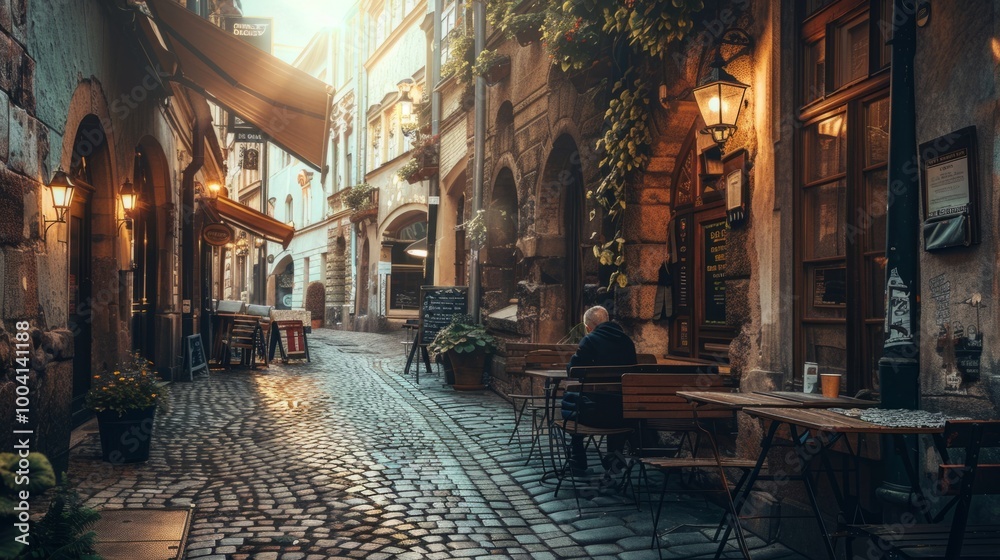 Charming cobblestone alleyway at dusk with quaint cafes and warm lantern light in a historic European town Charming cobblestone alleyway at dusk with quaint cafes and warm lantern light in a historic European town