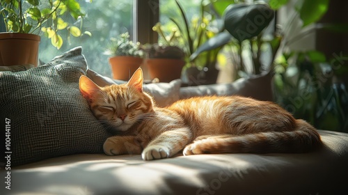 cozy couch adorned with a sleeping cat sunlight filtering through nearby windows creating a serene and peaceful atmosphere in a welldecorated living room photo