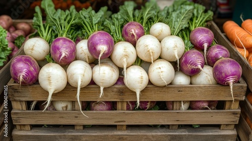 Colorful turnips in wooden crate. photo