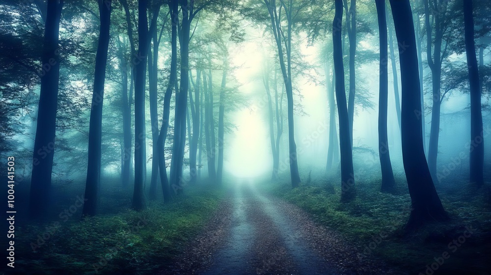 Fototapeta premium Mystical Foggy Forest Path with Sunlight