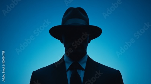 A man in a suit and hat is standing in front of a blue sky